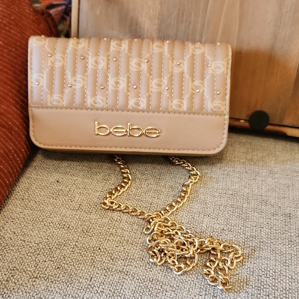 Bebe Tan and Gold Clutch with Chain Strap